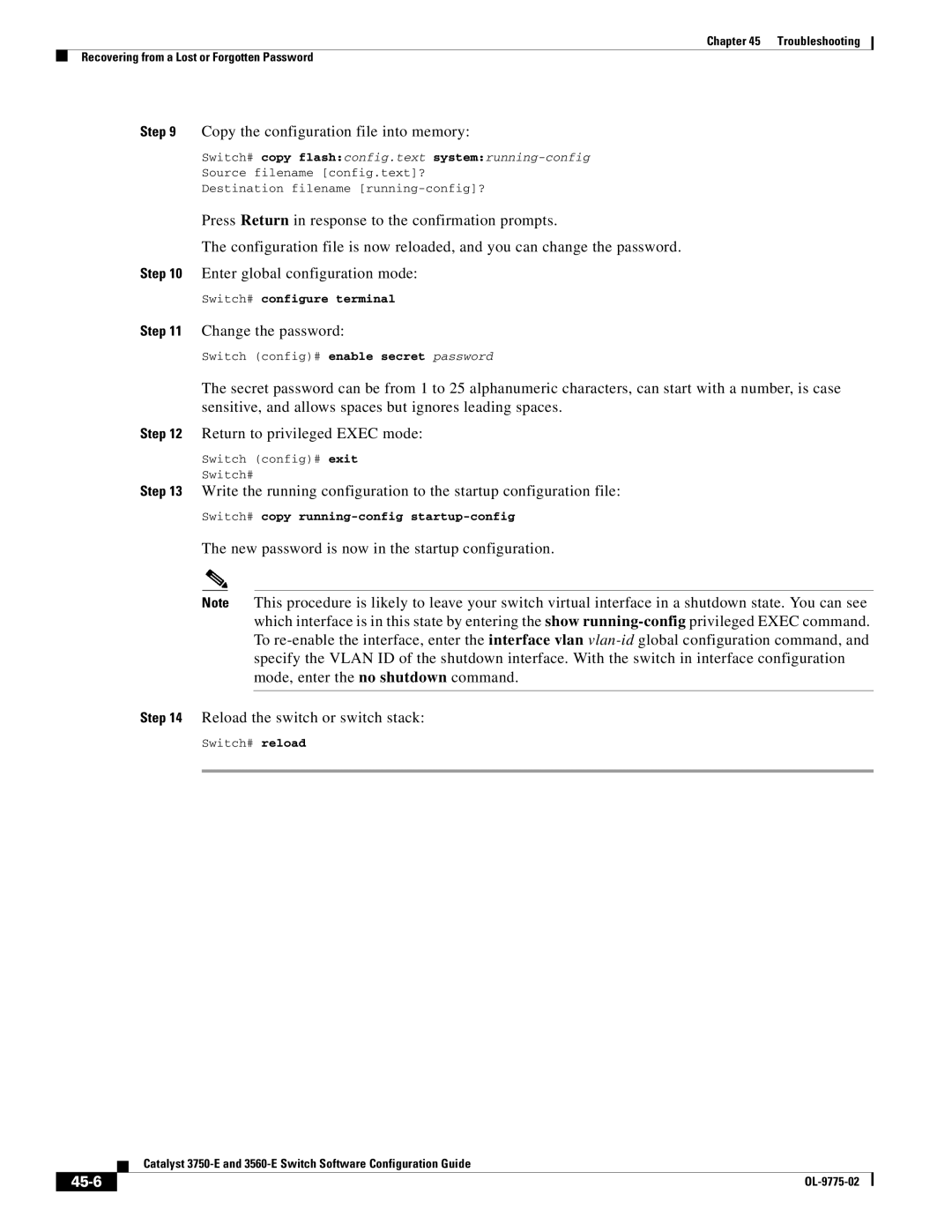 Cisco Systems 3750E manual Copy the configuration file into memory, 45-6 