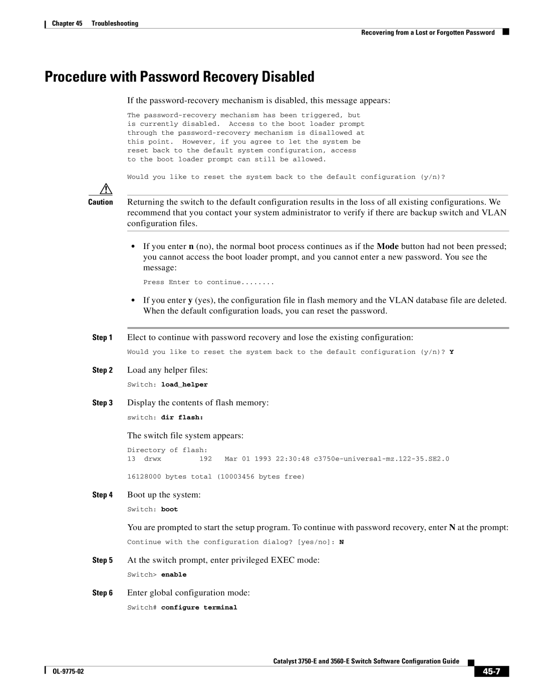 Cisco Systems 3750E manual Procedure with Password Recovery Disabled, 45-7, Switch dir flash 