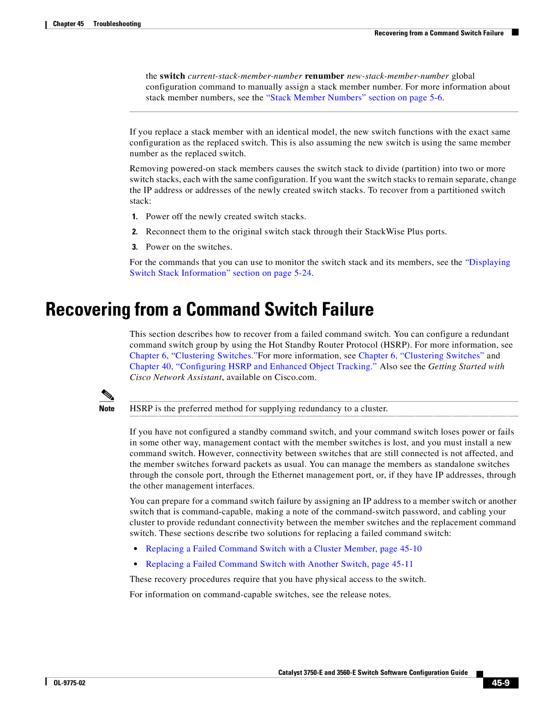 Cisco Systems 3750E manual Recovering from a Command Switch Failure, 45-9 