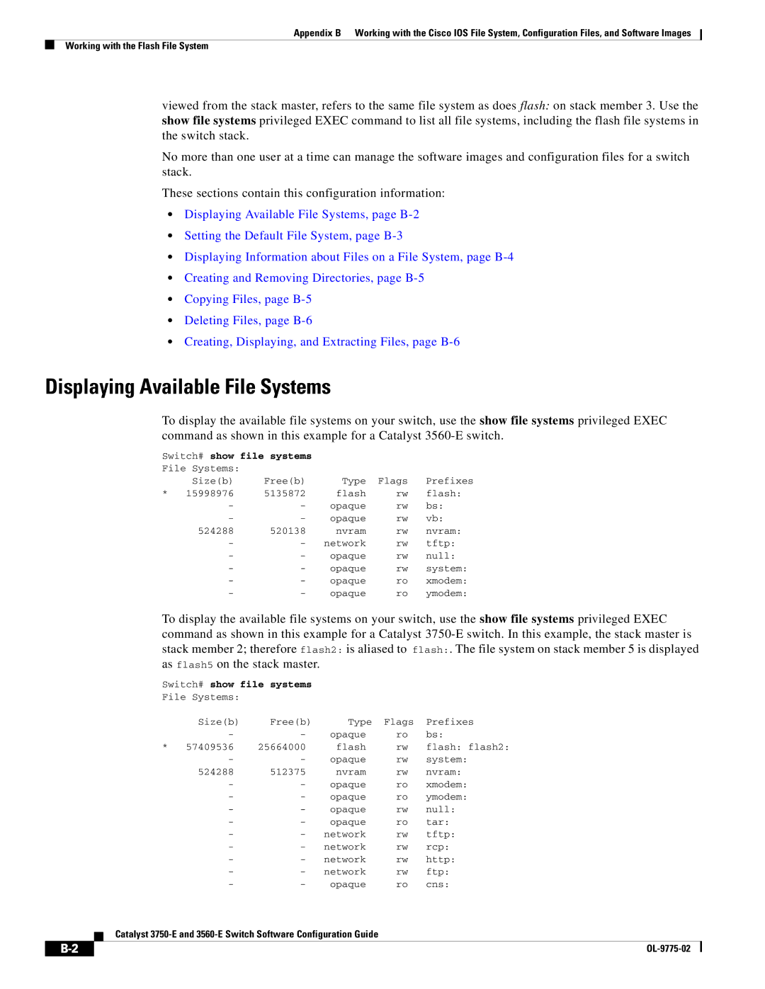 Cisco Systems 3750E manual Displaying Available File Systems, Switch# show file systems 