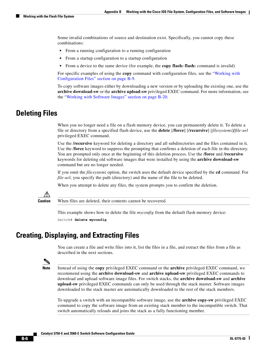 Cisco Systems 3750E manual Deleting Files, Creating, Displaying, and Extracting Files, Switch# delete myconfig 