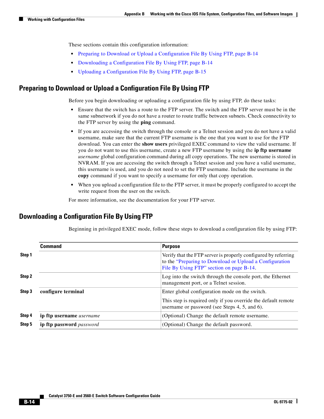 Cisco Systems 3750E Downloading a Configuration File By Using FTP, Ip ftp username username, Ip ftp password password 