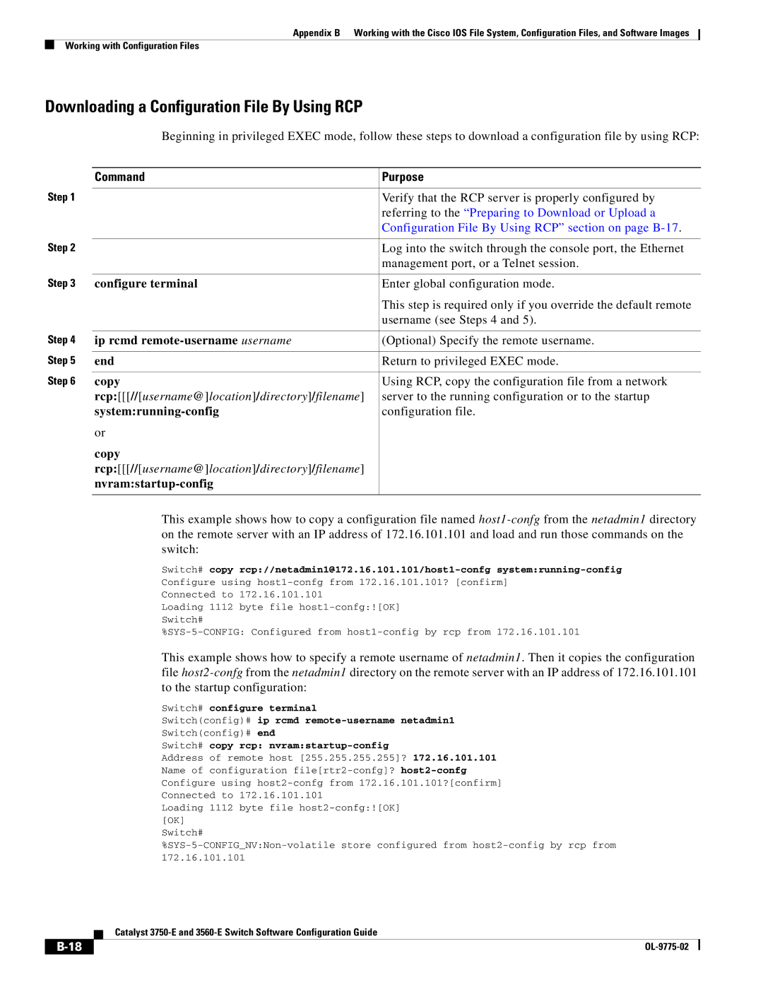 Cisco Systems 3750E Downloading a Configuration File By Using RCP, Ip rcmd remote-username username, Systemrunning-config 