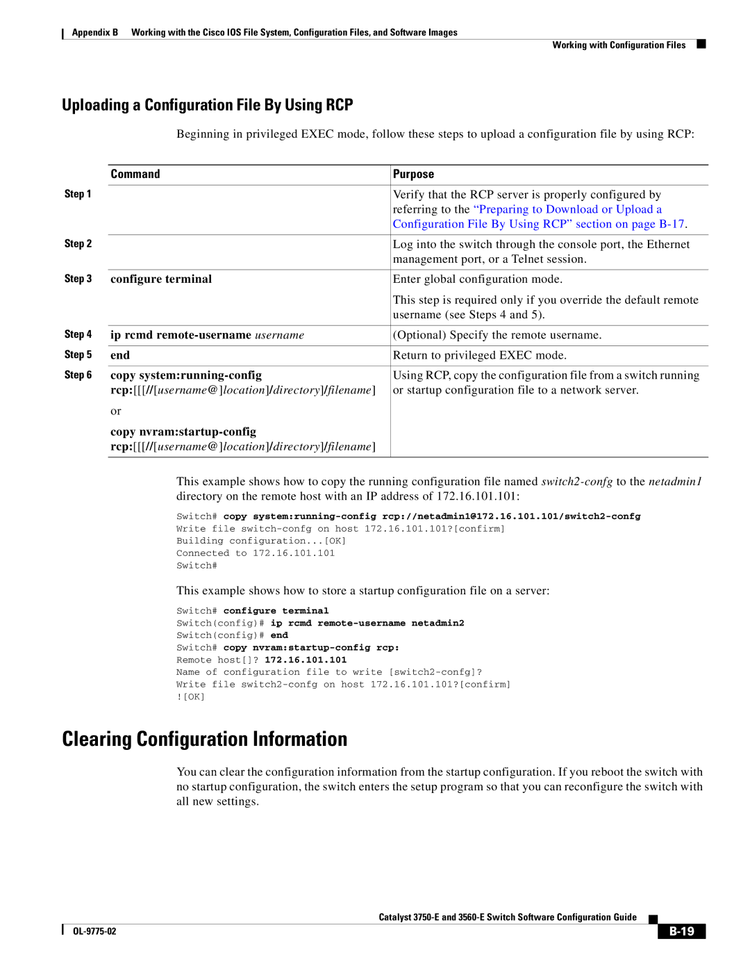 Cisco Systems 3750E manual Clearing Configuration Information, Uploading a Configuration File By Using RCP 