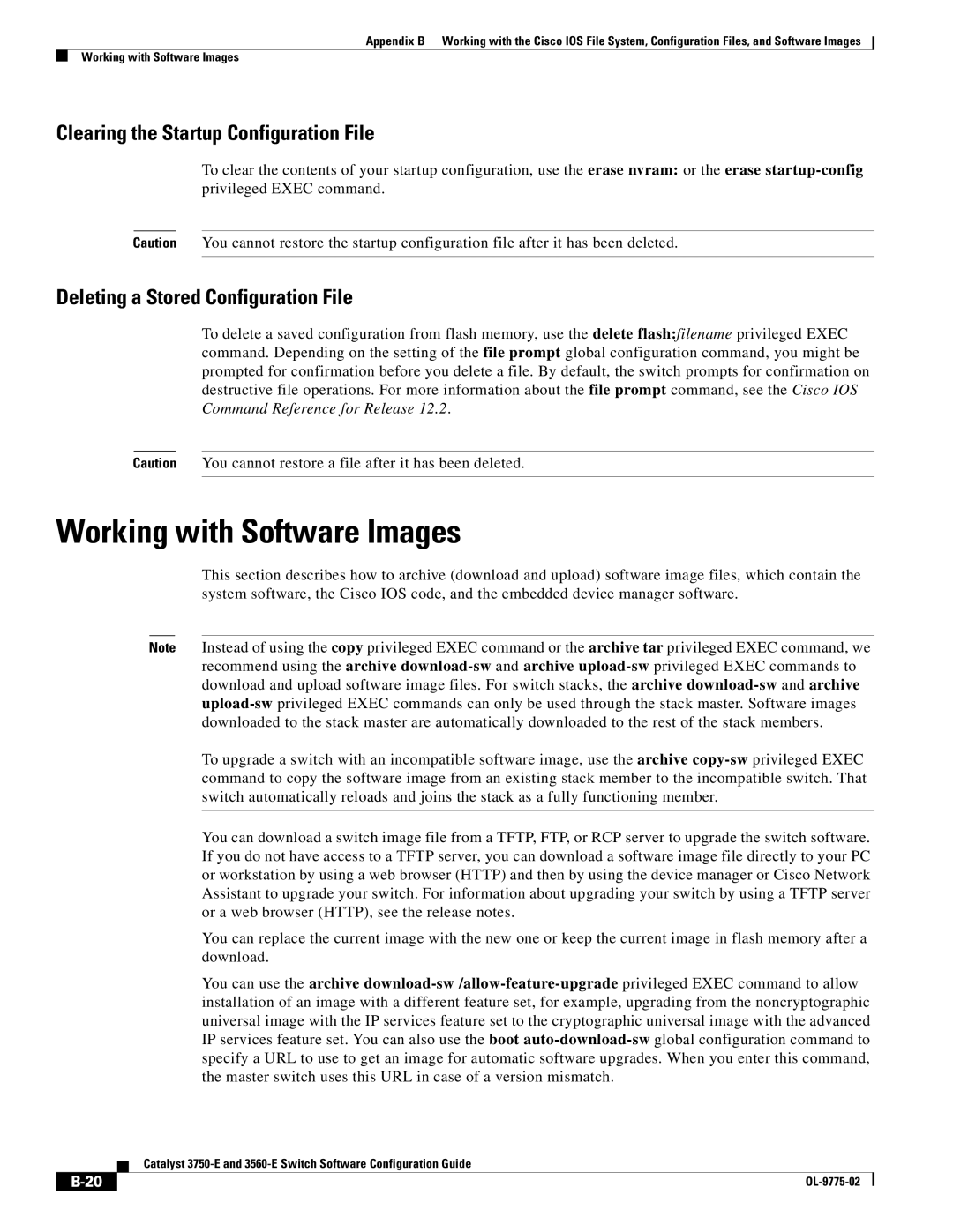 Cisco Systems 3750E manual Working with Software Images, Clearing the Startup Configuration File 