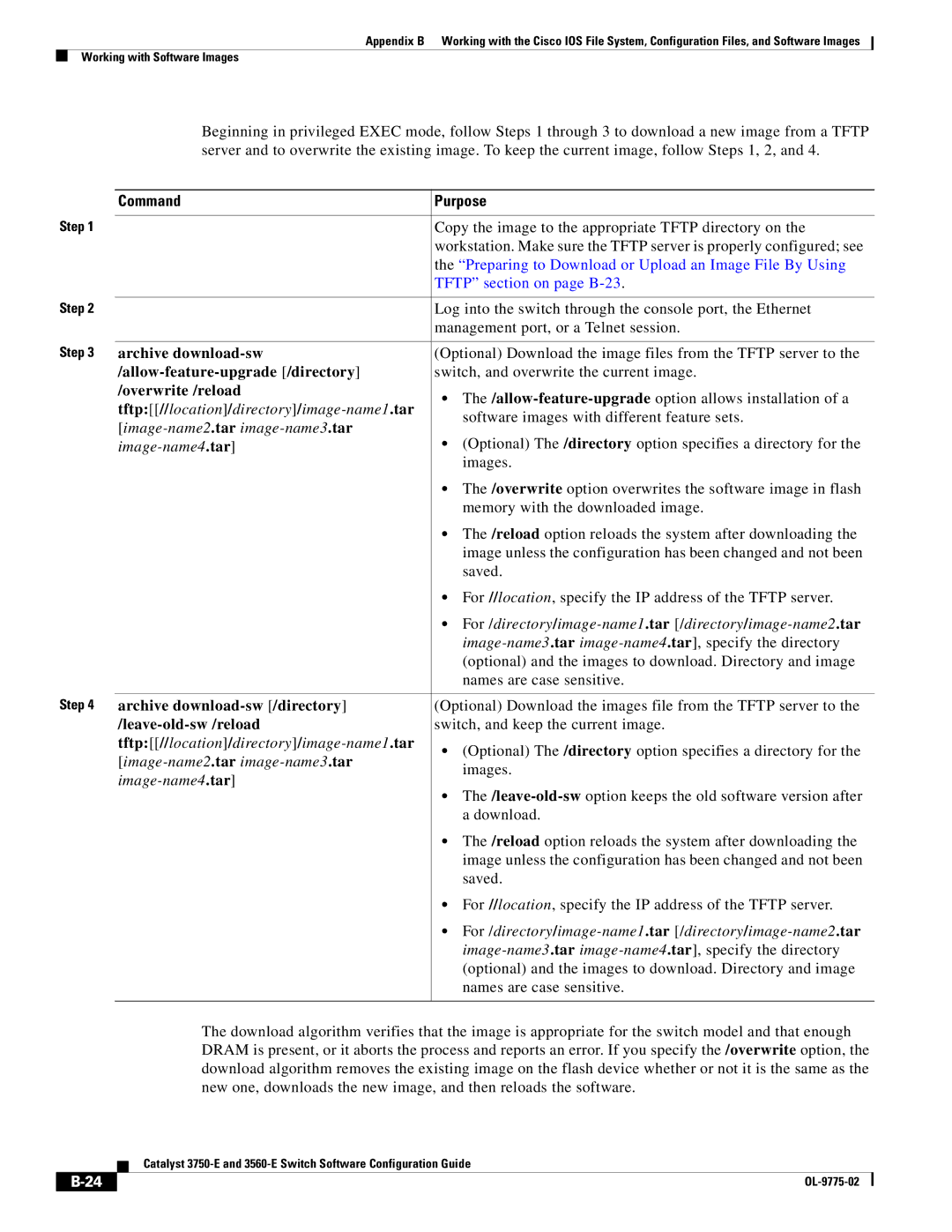 Cisco Systems 3750E manual Archive download-sw, Allow-feature-upgrade /directory, Overwrite /reload, Leave-old-sw /reload 