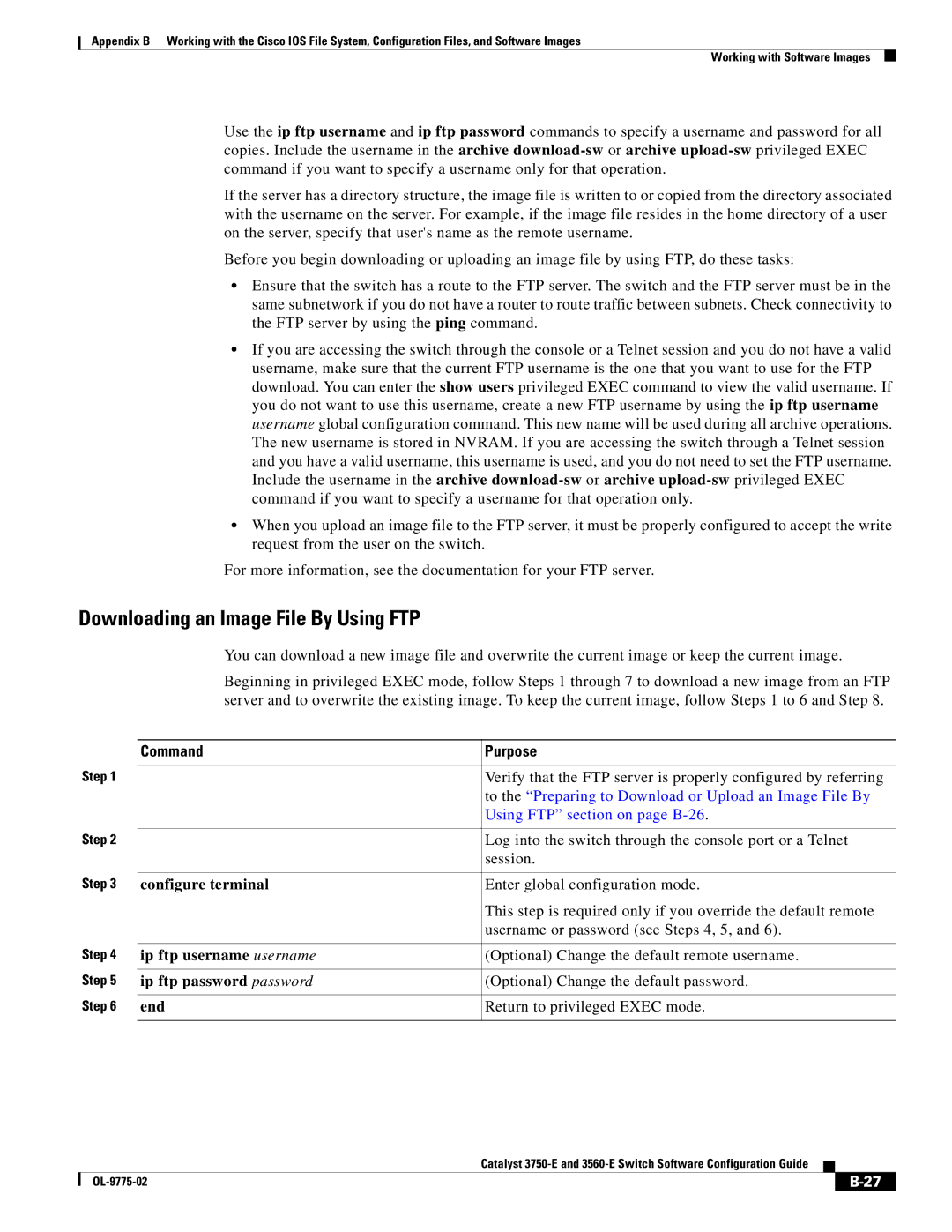 Cisco Systems 3750E manual Downloading an Image File By Using FTP, Configure terminal 