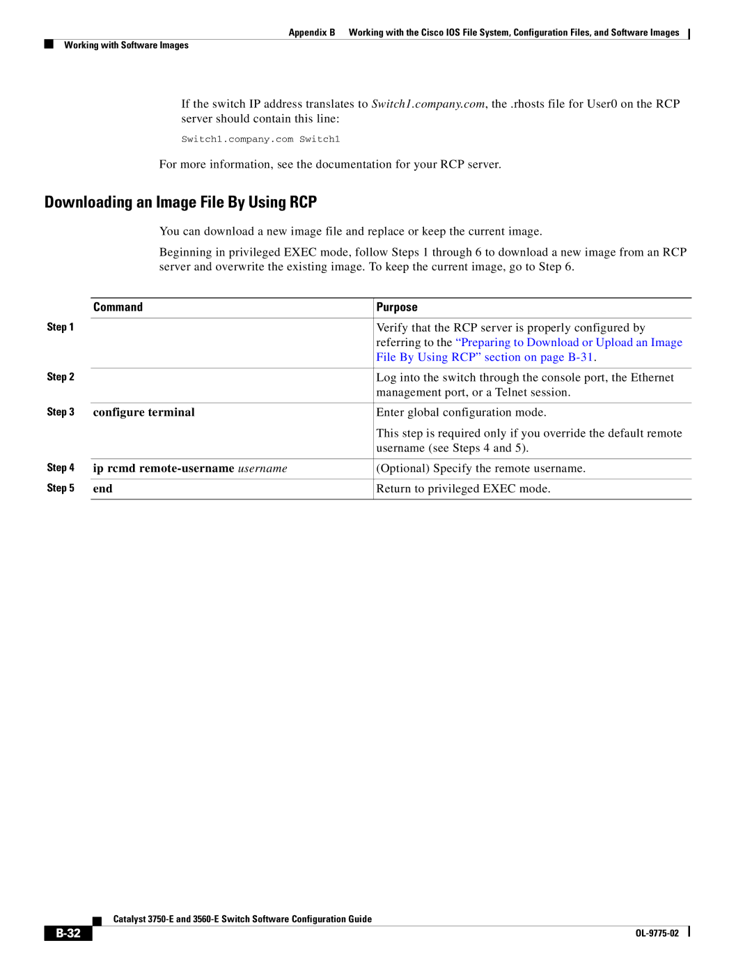 Cisco Systems 3750E manual Downloading an Image File By Using RCP, File By Using RCP section on page B-31 