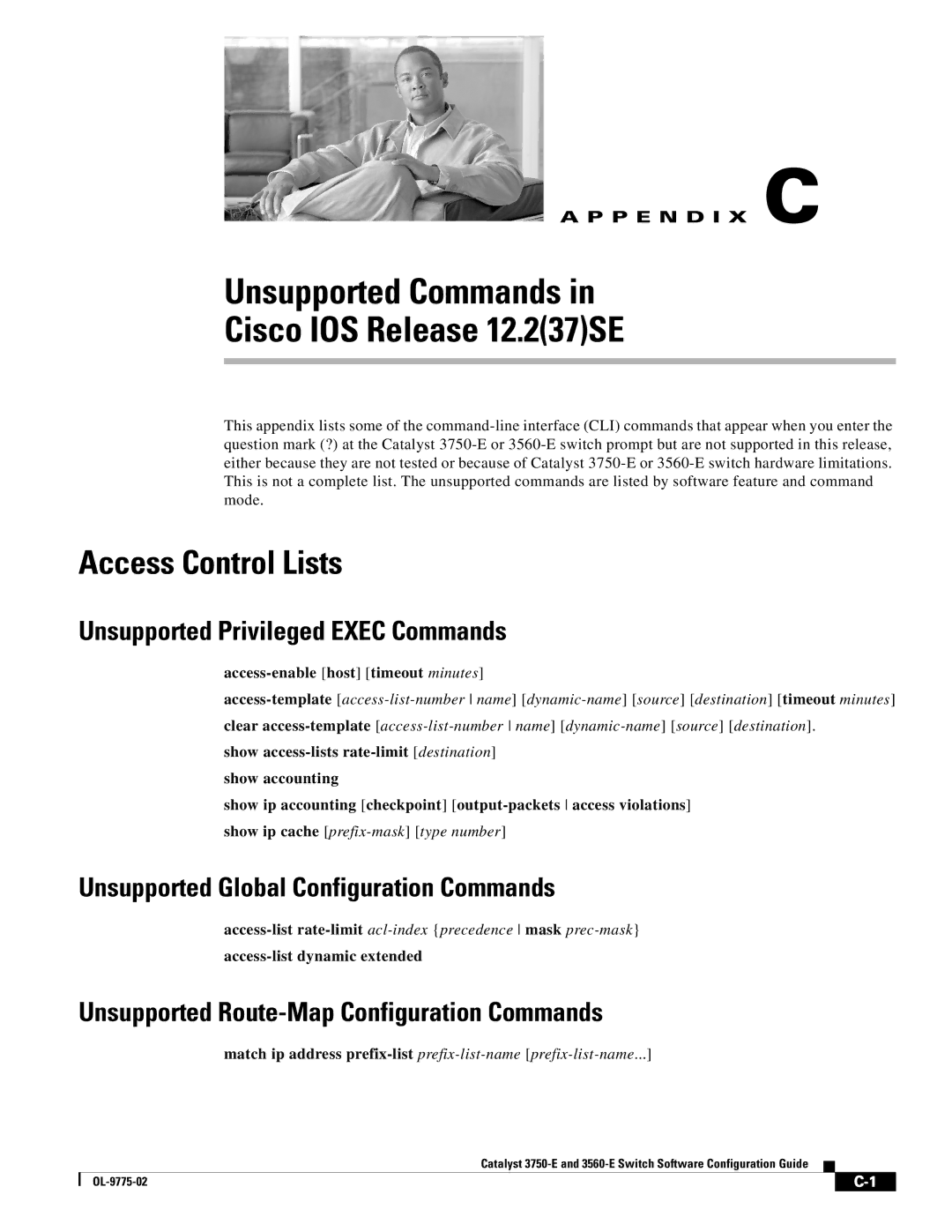 Cisco Systems 3750E manual Unsupported Commands Cisco IOS Release 12.237SE, Access Control Lists 