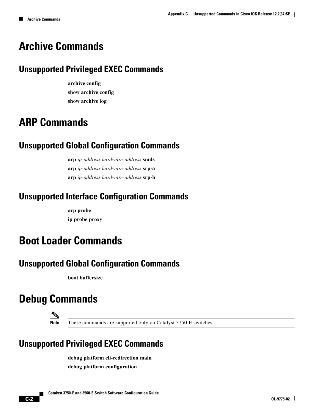 Cisco Systems 3750E manual Archive Commands, ARP Commands, Boot Loader Commands, Debug Commands 