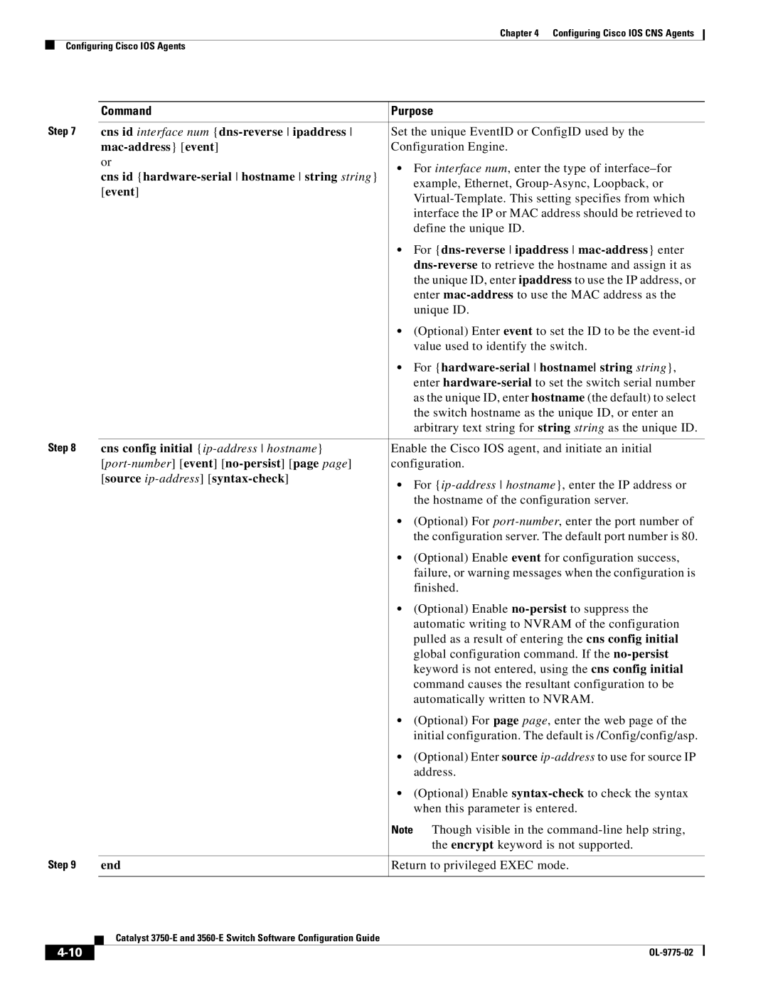 Cisco Systems 3750E Cns id interface num dns-reverse ipaddress, Mac-address event, Event, Port-number event no-persist 