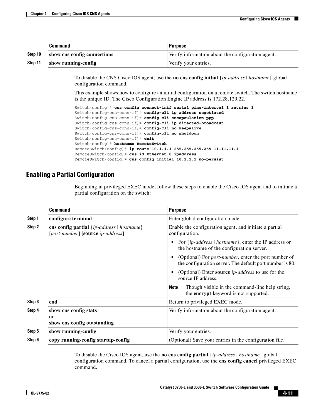 Cisco Systems 3750E manual Enabling a Partial Configuration, Show running-config Verify your entries, Show cns config stats 