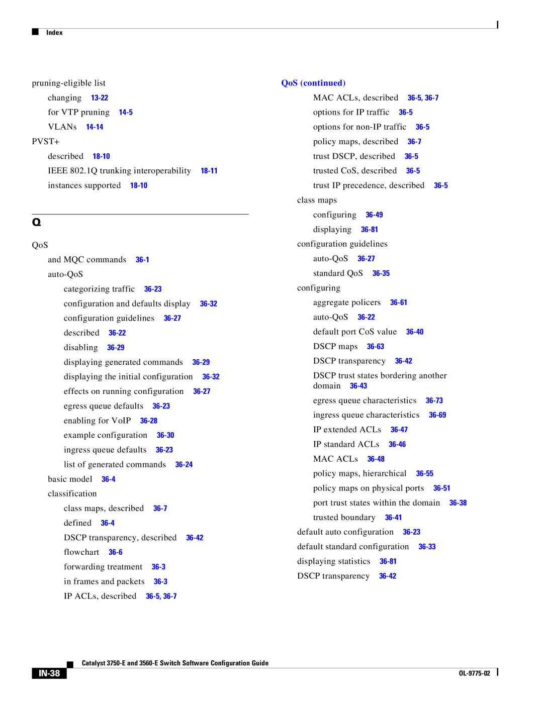 Cisco Systems 3750E manual QoS, IN-38 