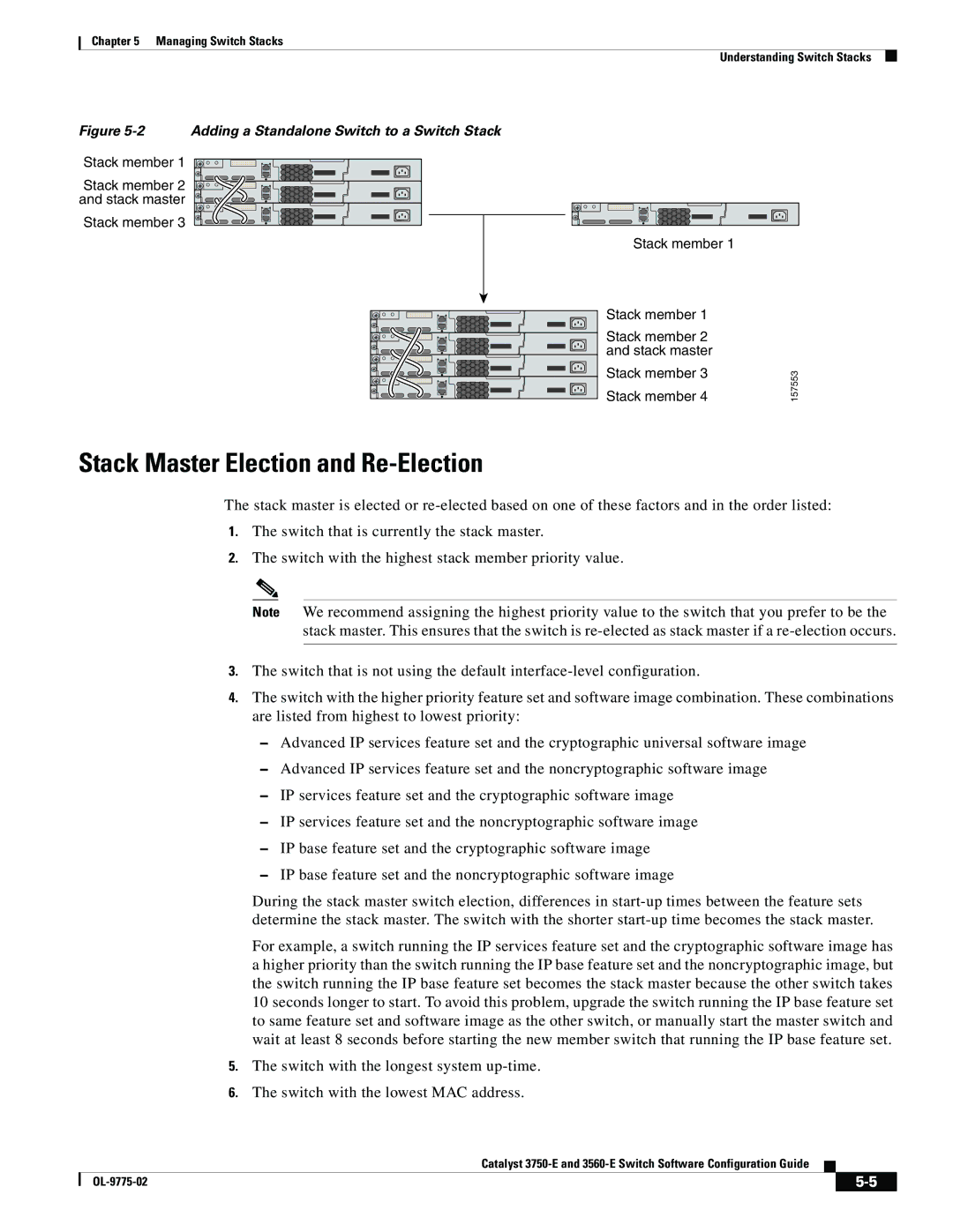 Cisco Systems 3750E manual Stack Master Election and Re-Election, Adding a Standalone Switch to a Switch Stack 