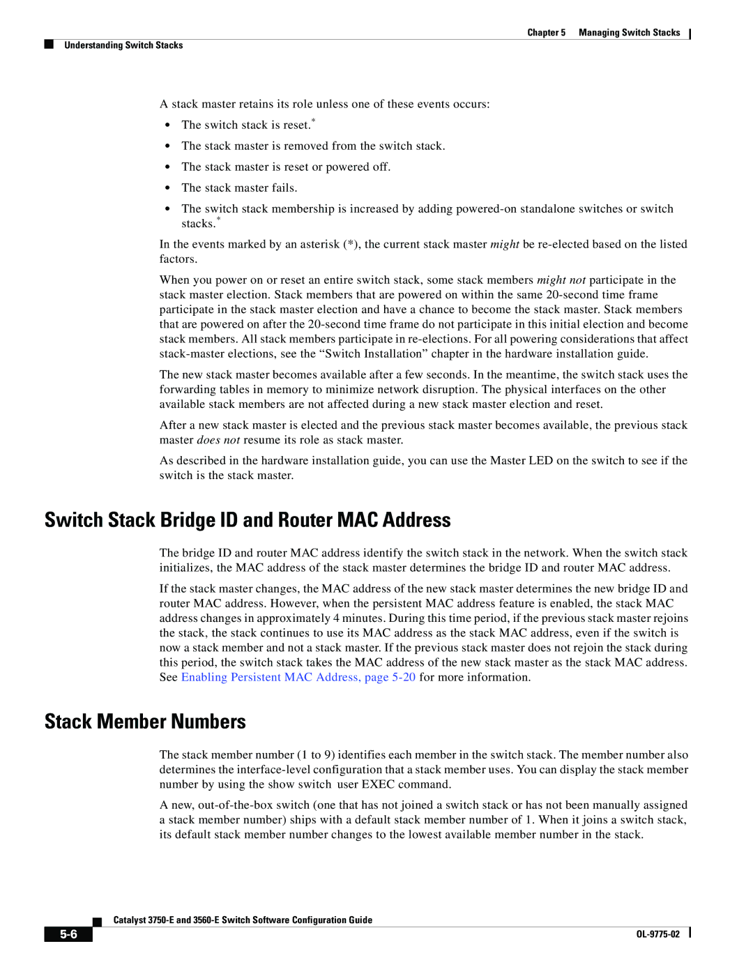 Cisco Systems 3750E manual Switch Stack Bridge ID and Router MAC Address, Stack Member Numbers 