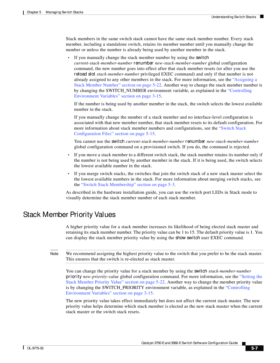 Cisco Systems 3750E manual Stack Member Priority Values 