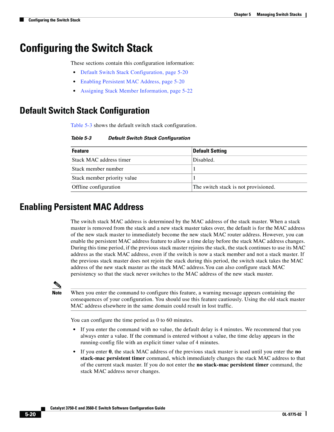 Cisco Systems 3750E Configuring the Switch Stack, Default Switch Stack Configuration, Enabling Persistent MAC Address 