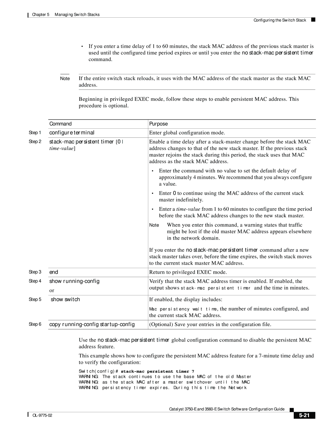 Cisco Systems 3750E manual Stack-mac persistent timer, Time-value, Show switch, Switchconfig# stack-mac persistent timer 