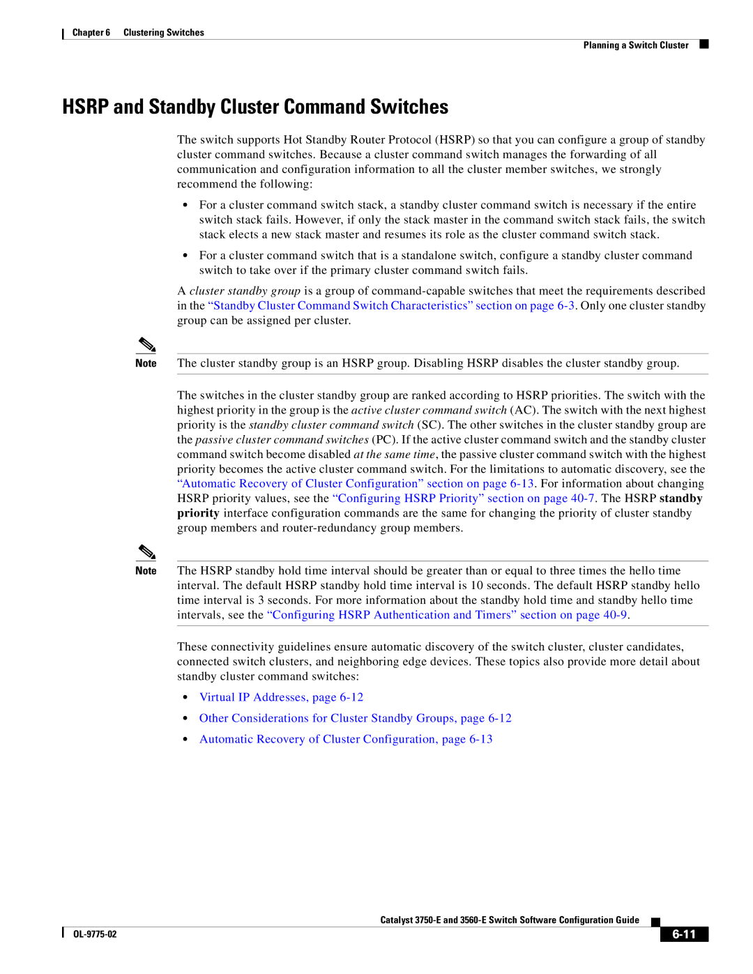 Cisco Systems 3750E manual Hsrp and Standby Cluster Command Switches 