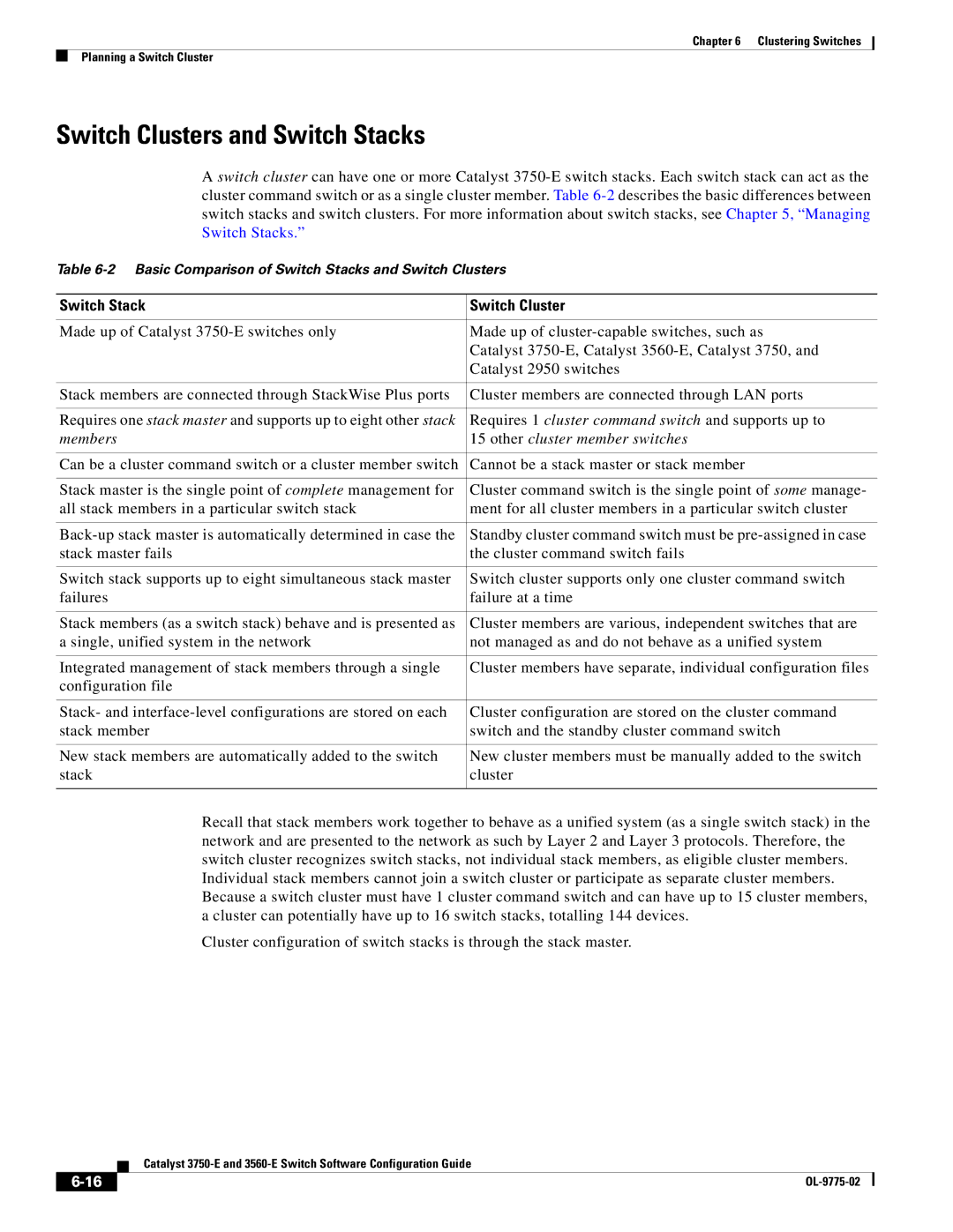 Cisco Systems 3750E Switch Clusters and Switch Stacks, Switch Stack Switch Cluster, Members Other cluster member switches 