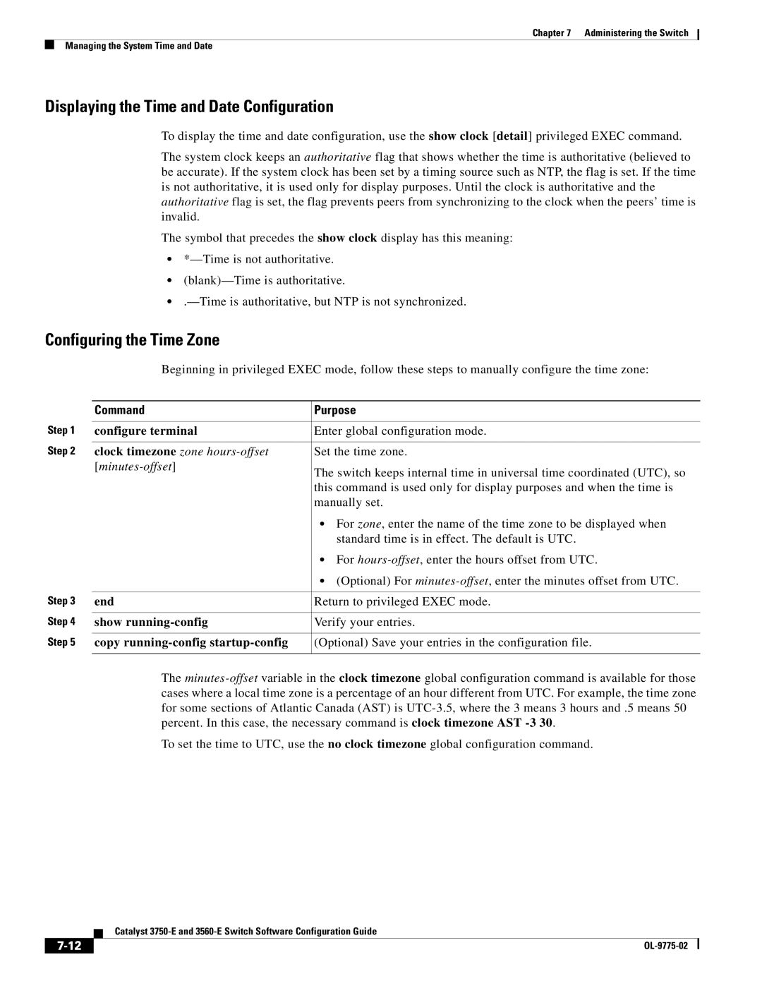 Cisco Systems 3750E manual Displaying the Time and Date Configuration, Configuring the Time Zone, Minutes-offset 