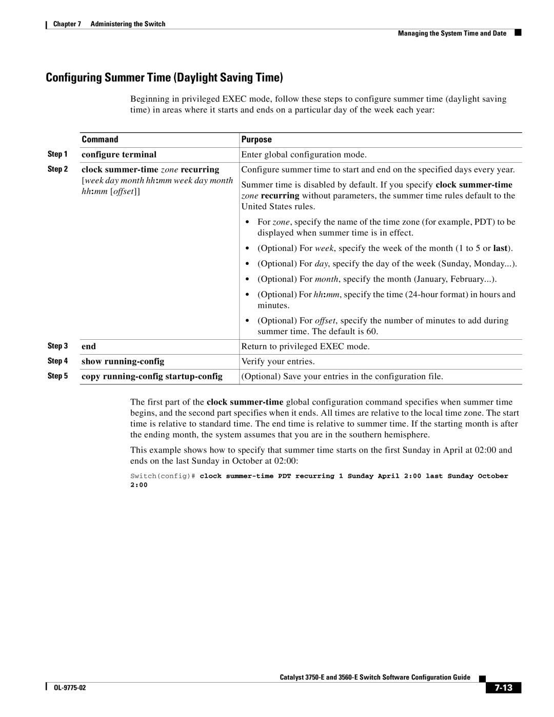 Cisco Systems 3750E manual Configuring Summer Time Daylight Saving Time, Clock summer-time zone recurring, Hh mm offset 