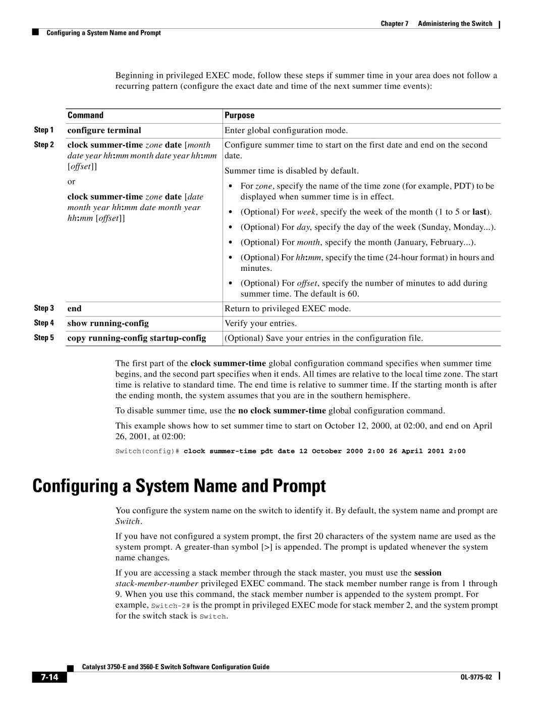 Cisco Systems 3750E manual Configuring a System Name and Prompt, Clock summer-time zone date month 