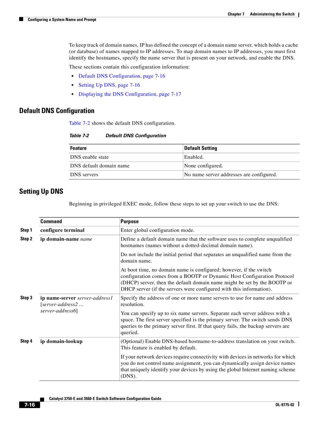 Cisco Systems 3750E manual Default DNS Configuration, Setting Up DNS, Ip domain-name name, Ip name-server server-address1 