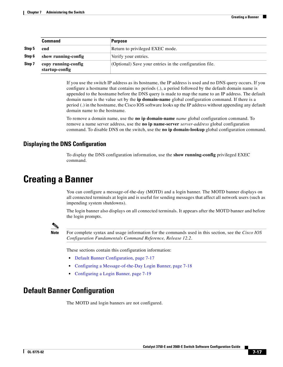 Cisco Systems 3750E manual Creating a Banner, Default Banner Configuration, Displaying the DNS Configuration 