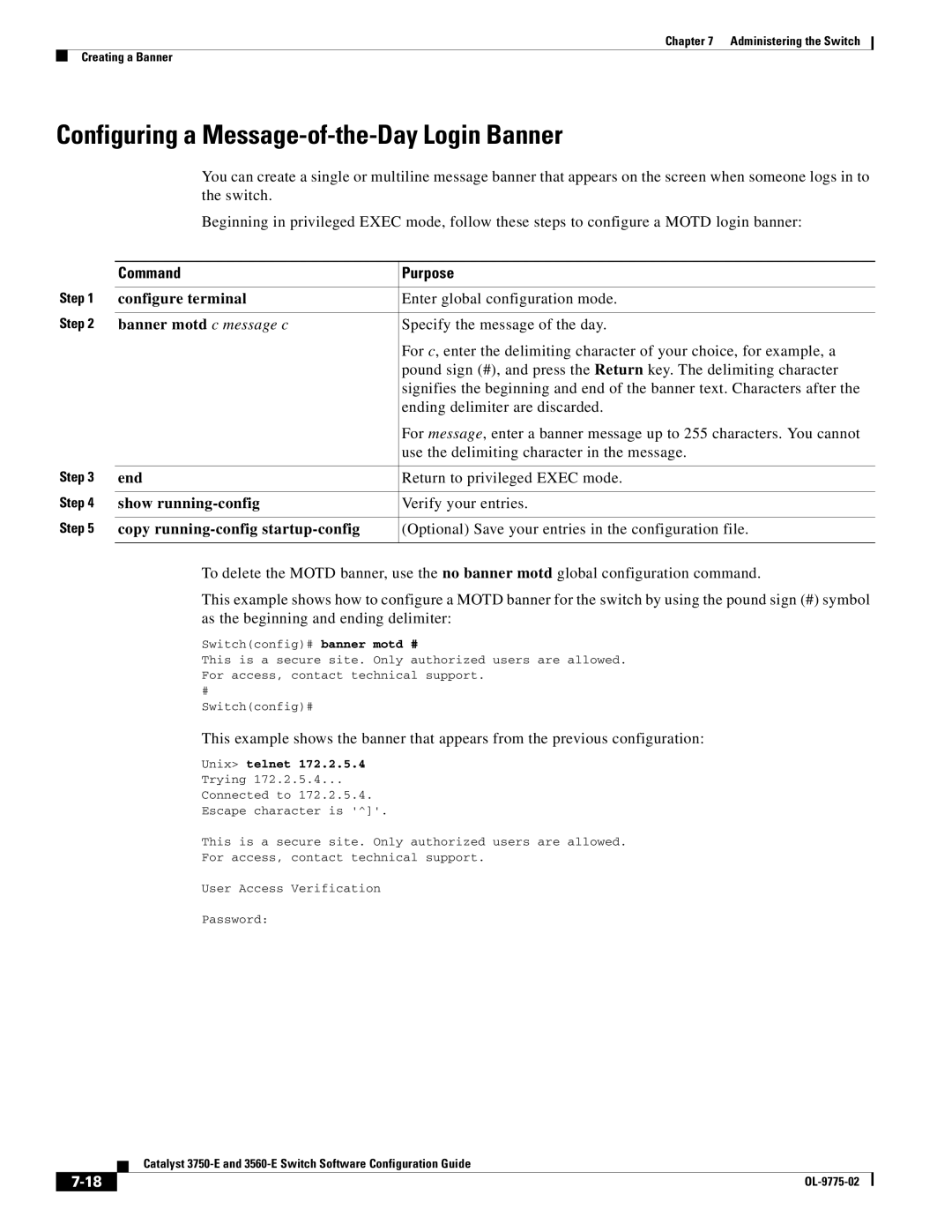 Cisco Systems 3750E manual Configuring a Message-of-the-Day Login Banner, Banner motd c message c, Unix telnet 