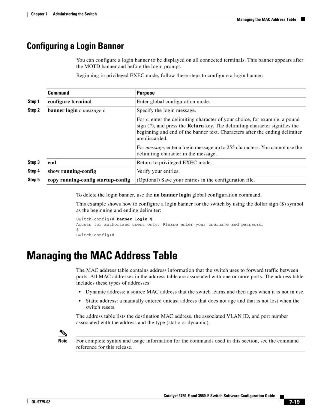 Cisco Systems 3750E manual Managing the MAC Address Table, Configuring a Login Banner, Banner login c message c 