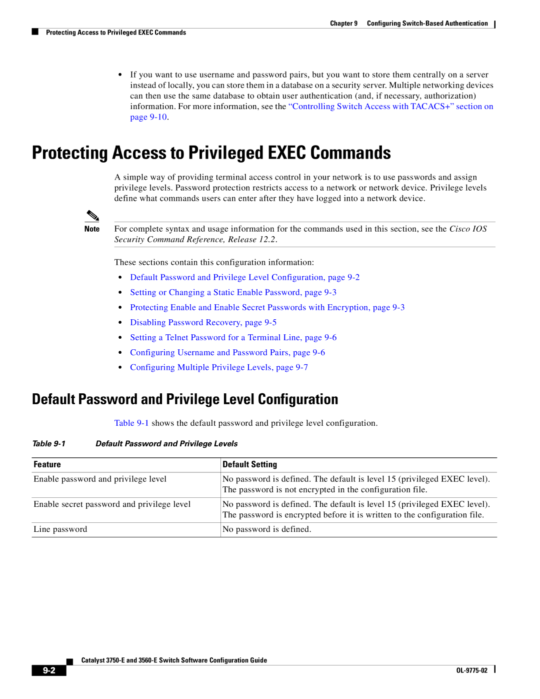 Cisco Systems 3750E Protecting Access to Privileged Exec Commands, Default Password and Privilege Level Configuration 