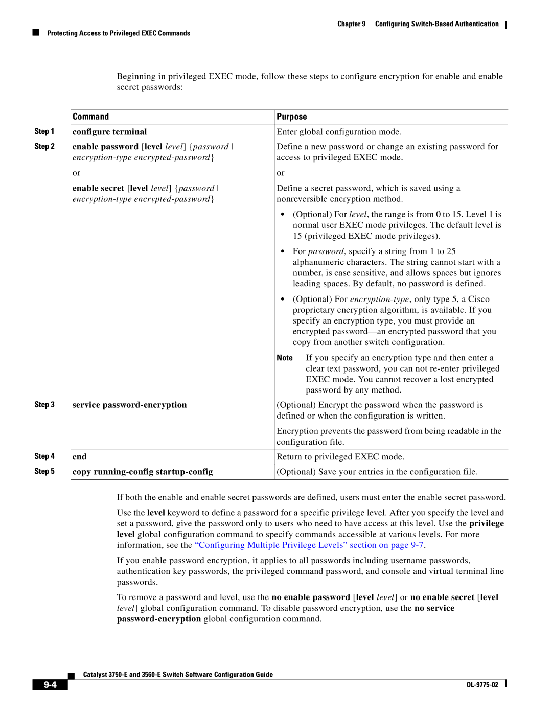 Cisco Systems 3750E Enable password level level password, Encryption-type encrypted-password, Service password-encryption 