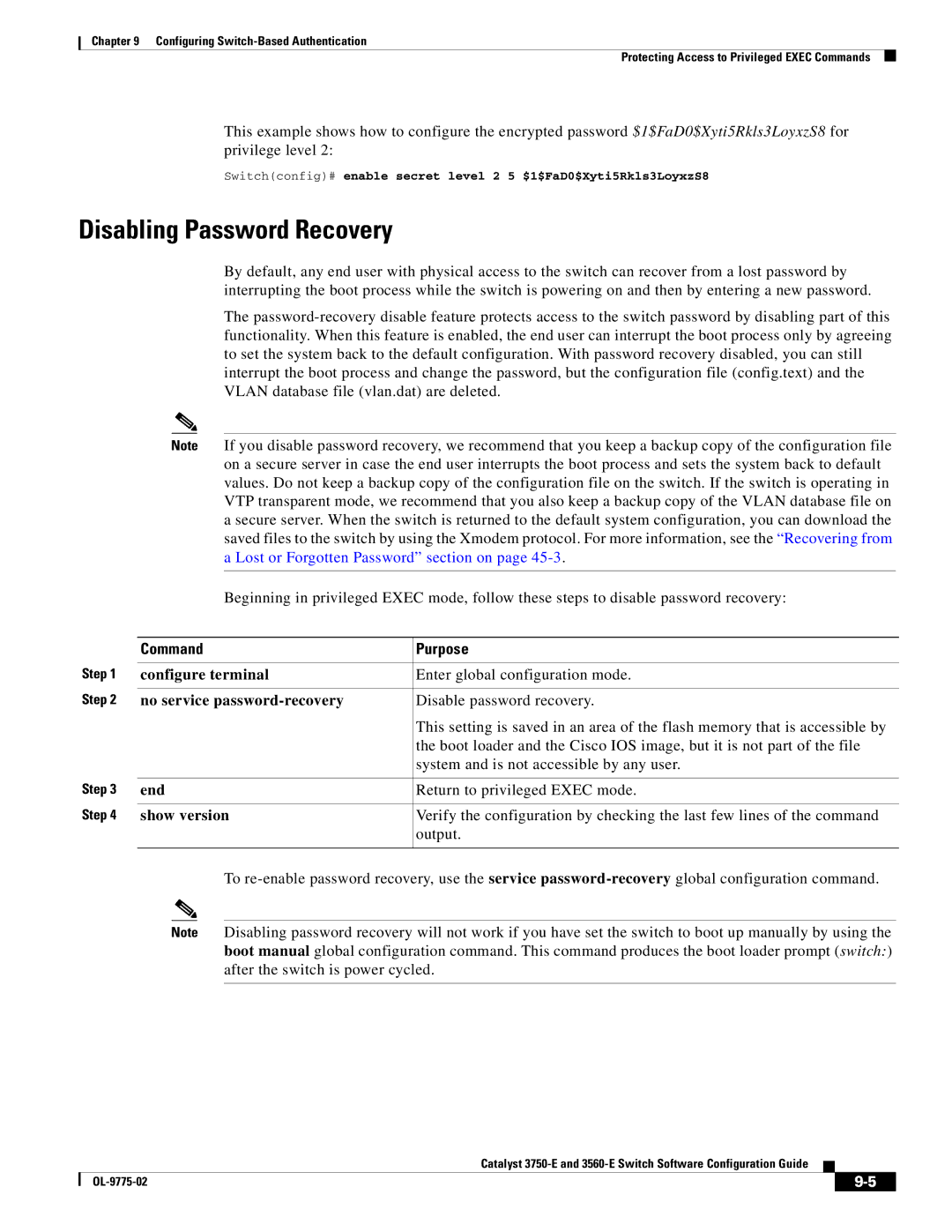 Cisco Systems 3750E manual Disabling Password Recovery, No service password-recovery, Show version 