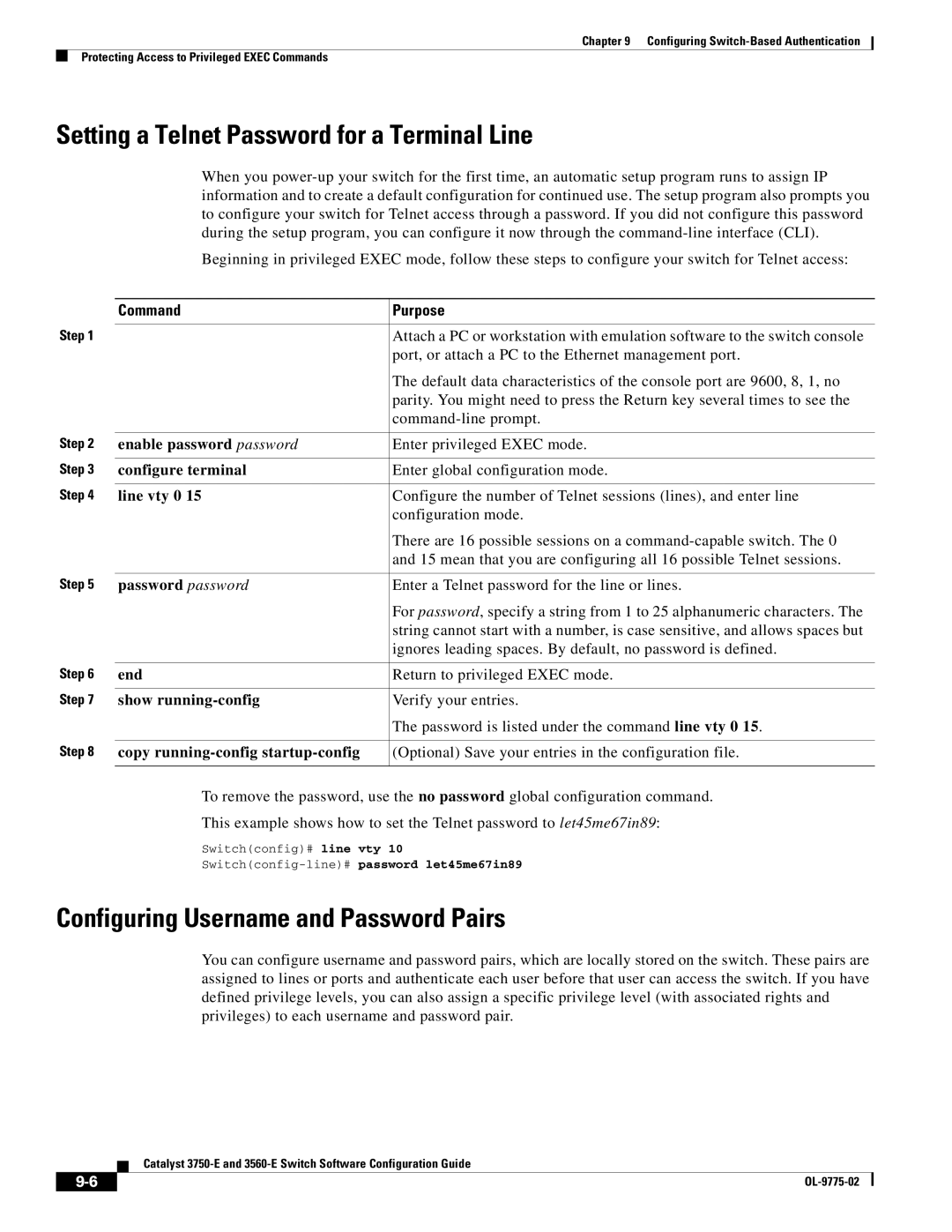 Cisco Systems 3750E Setting a Telnet Password for a Terminal Line, Configuring Username and Password Pairs, Line vty 0 