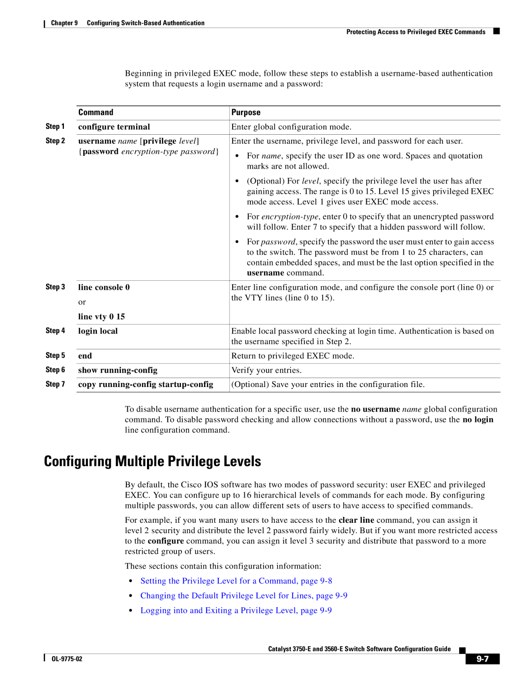 Cisco Systems 3750E Configuring Multiple Privilege Levels, Username name privilege level, Username command, Line console 