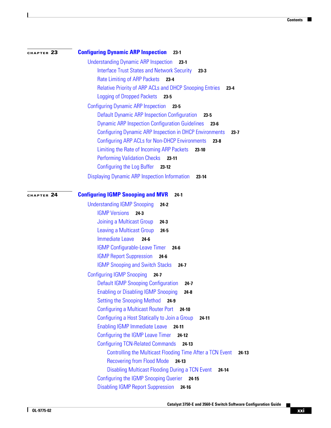 Cisco Systems 3750E manual Configuring Dynamic ARP Inspection, Xxi 