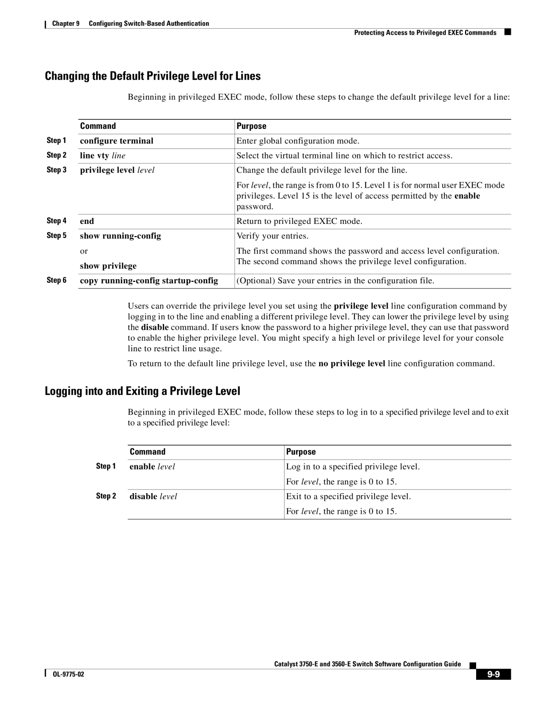 Cisco Systems 3750E Changing the Default Privilege Level for Lines, Logging into and Exiting a Privilege Level, Command 