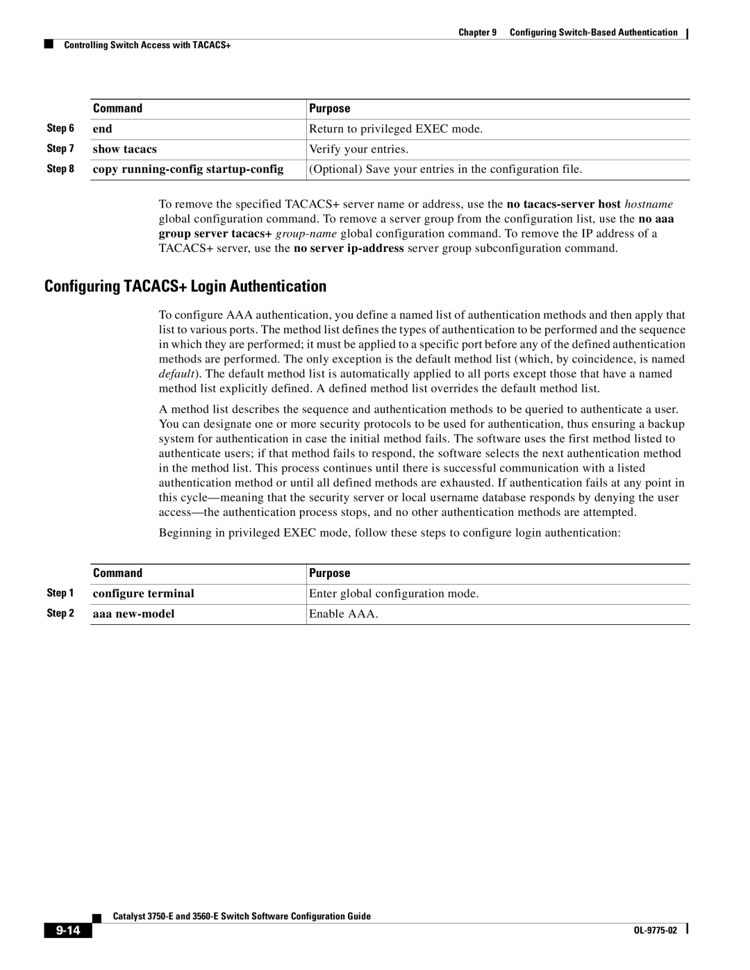 Cisco Systems 3750E Configuring TACACS+ Login Authentication, Show tacacs Verify your entries, Aaa new-model Enable AAA 