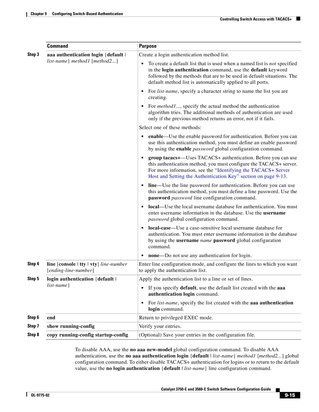 Cisco Systems 3750E manual Aaa authentication login default, Line console tty vty line-number, Login authentication default 