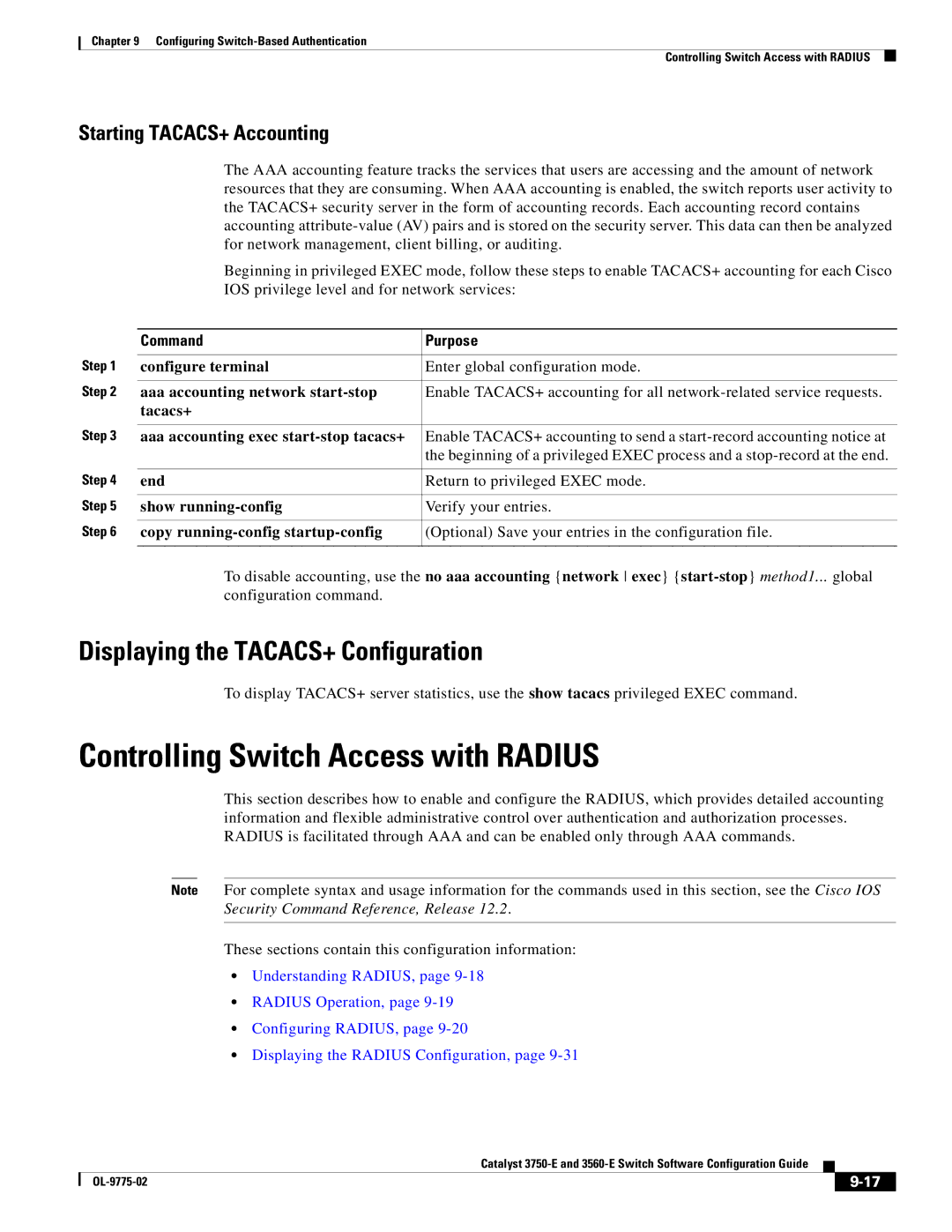 Cisco Systems 3750E manual Controlling Switch Access with Radius, Displaying the TACACS+ Configuration 