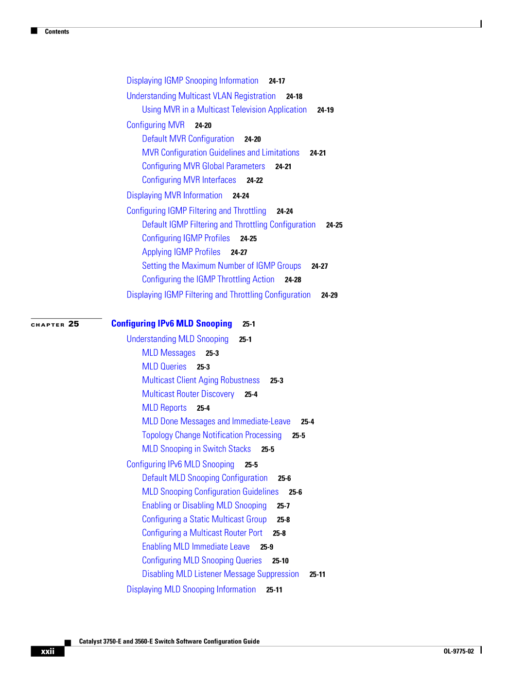 Cisco Systems 3750E manual Configuring MVR, Xxii 