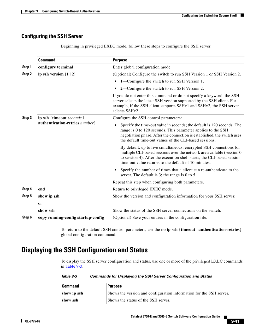 Cisco Systems 3750E manual Displaying the SSH Configuration and Status, Configuring the SSH Server, Ip ssh version 1 