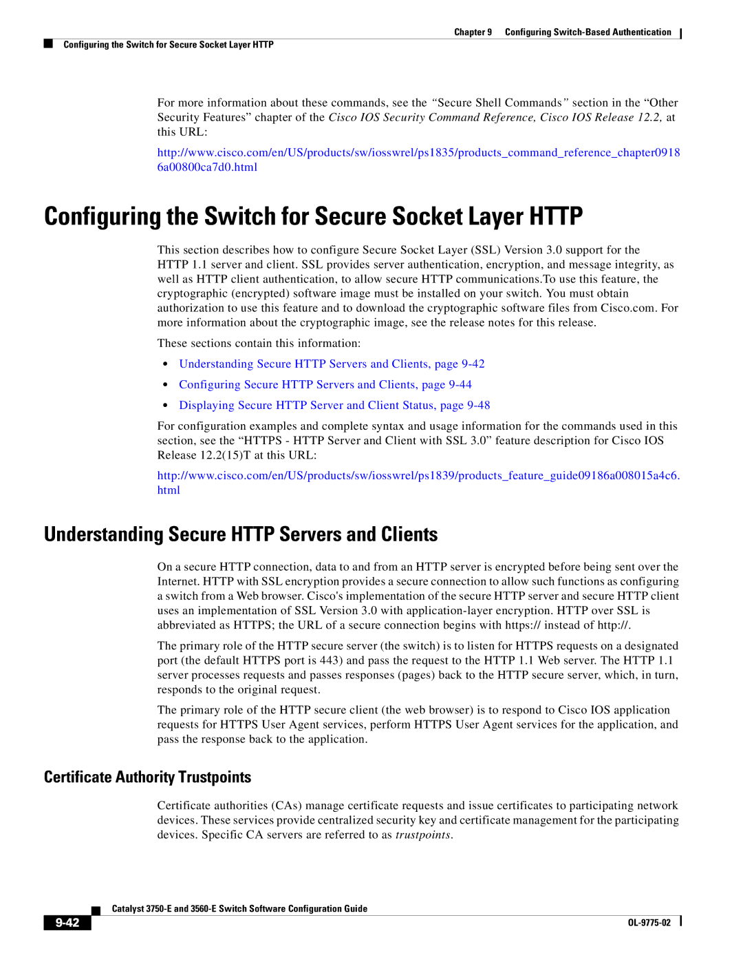 Cisco Systems 3750E Configuring the Switch for Secure Socket Layer Http, Understanding Secure Http Servers and Clients 