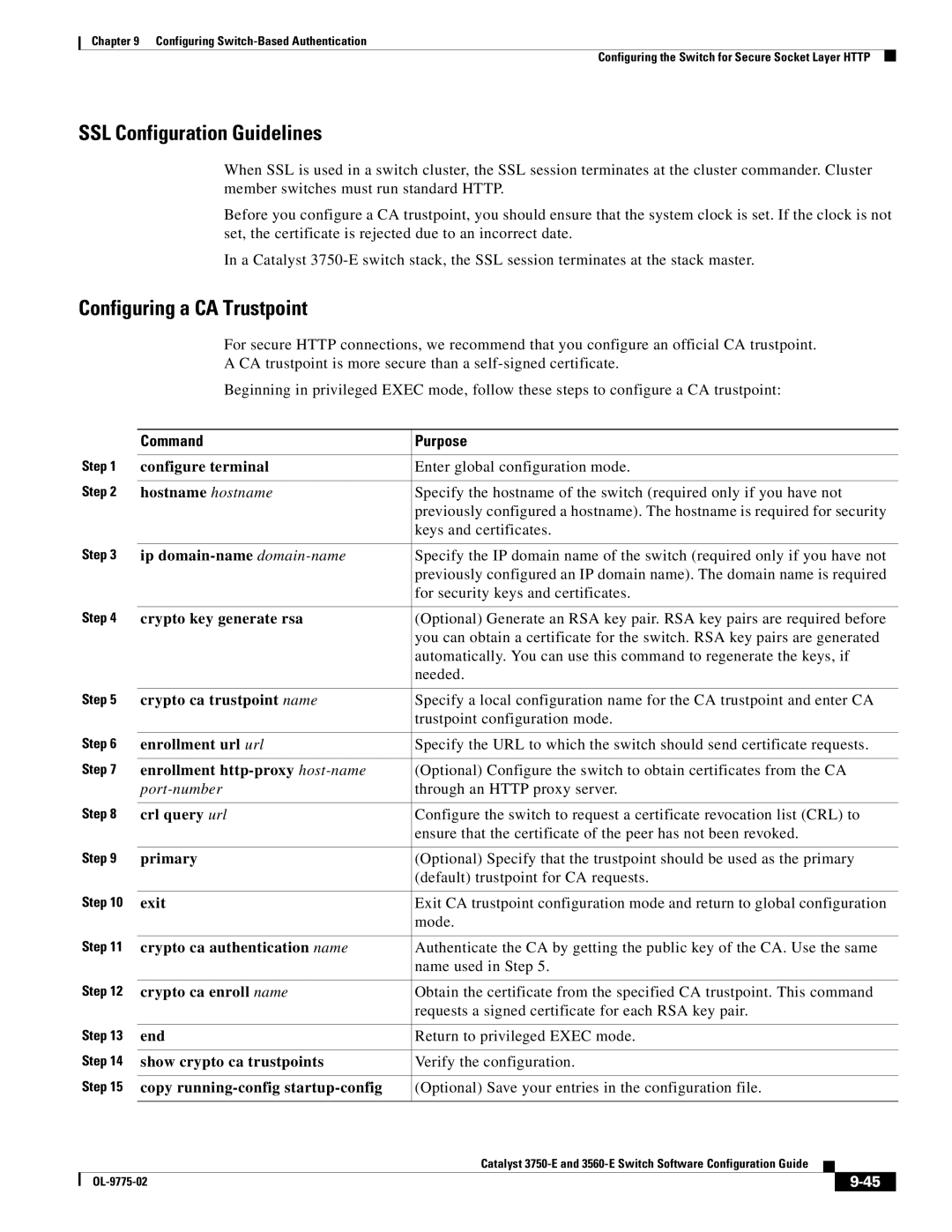 Cisco Systems 3750E manual SSL Configuration Guidelines, Configuring a CA Trustpoint 