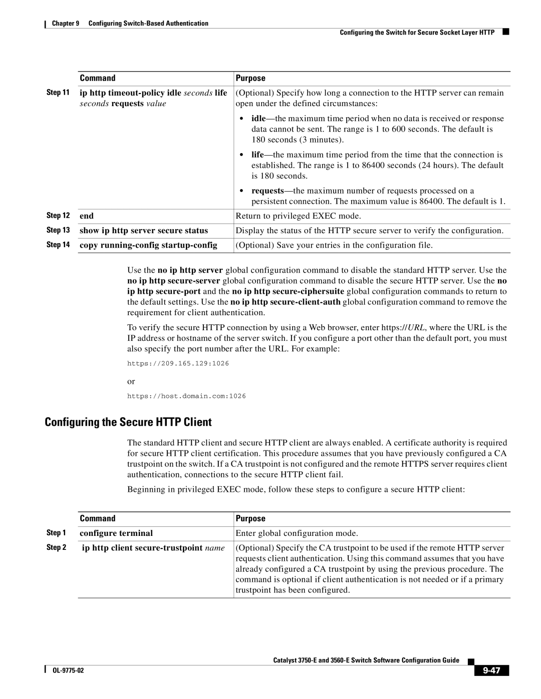 Cisco Systems 3750E manual Configuring the Secure Http Client, Ip http timeout-policy idle seconds life 