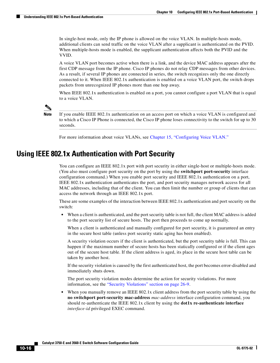 Cisco Systems 3750E manual Using Ieee 802.1x Authentication with Port Security, 10-16 