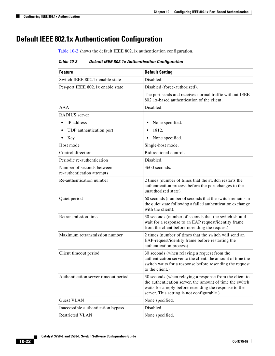 Cisco Systems 3750E manual Default Ieee 802.1x Authentication Configuration, Aaa, 10-22 