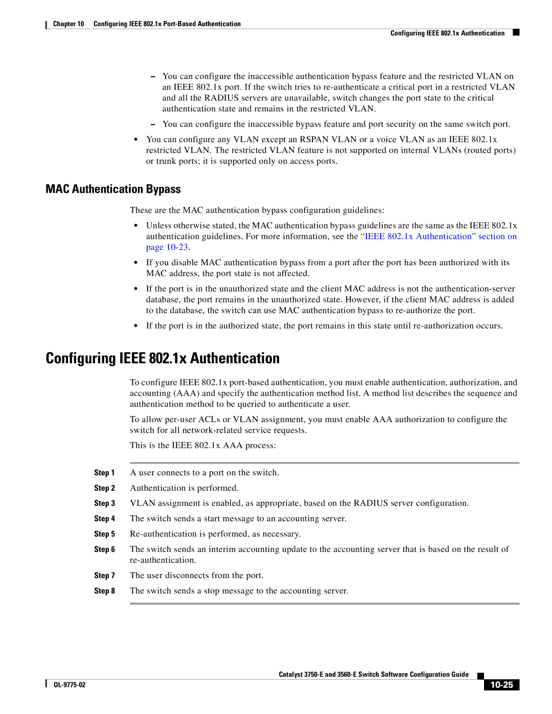 Cisco Systems 3750E manual Configuring Ieee 802.1x Authentication, MAC Authentication Bypass, 10-25 