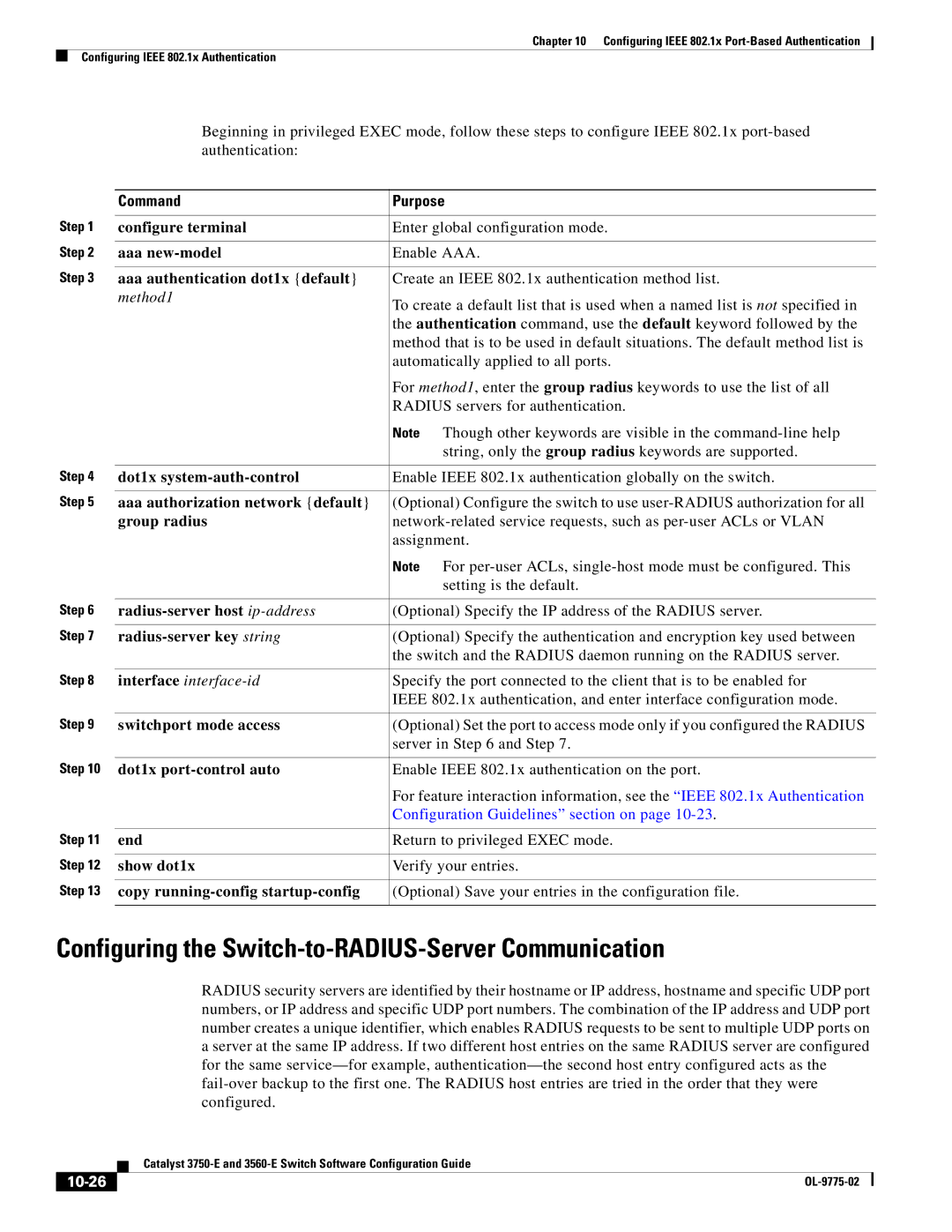 Cisco Systems 3750E manual Configuring the Switch-to-RADIUS-Server Communication, 10-26 